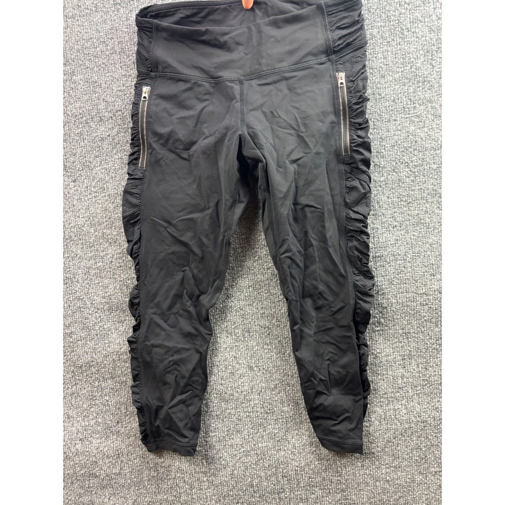 Lululemon Ruched Zipper Crop Leggings Women 6 Black Mesh Panel Activewear
